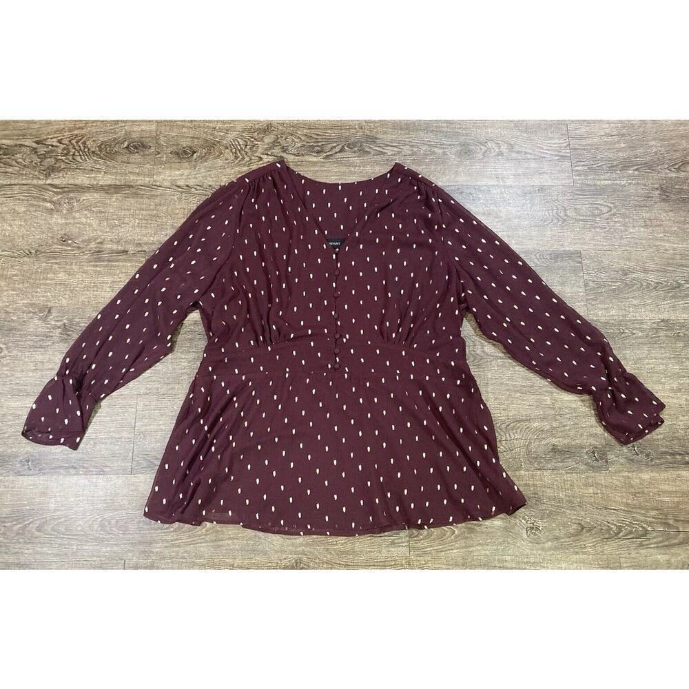 LANE BRYANT Maroon Gold Chiffon Lined Long Sleeve V Neck Top Women's Size 22